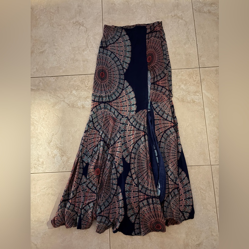 Navy Blue Printed Maxi Skirt with Mandala Motif